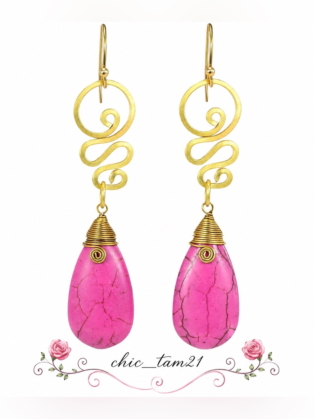 Pink Teardrop Handmade Copper Wire Gold Swirl Dangle Earrings